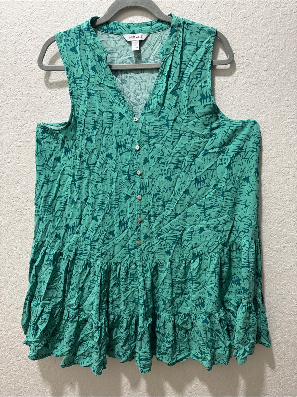 Nine West Teal Abstract-Print Sleeveless Button-Front Mini Dress